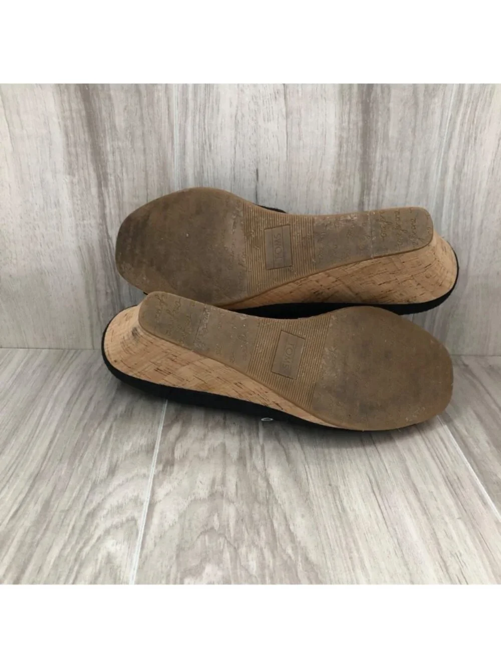 Toms Wedges Womens 8 Black Slip On Peep Toe Cork Wedge Shoes